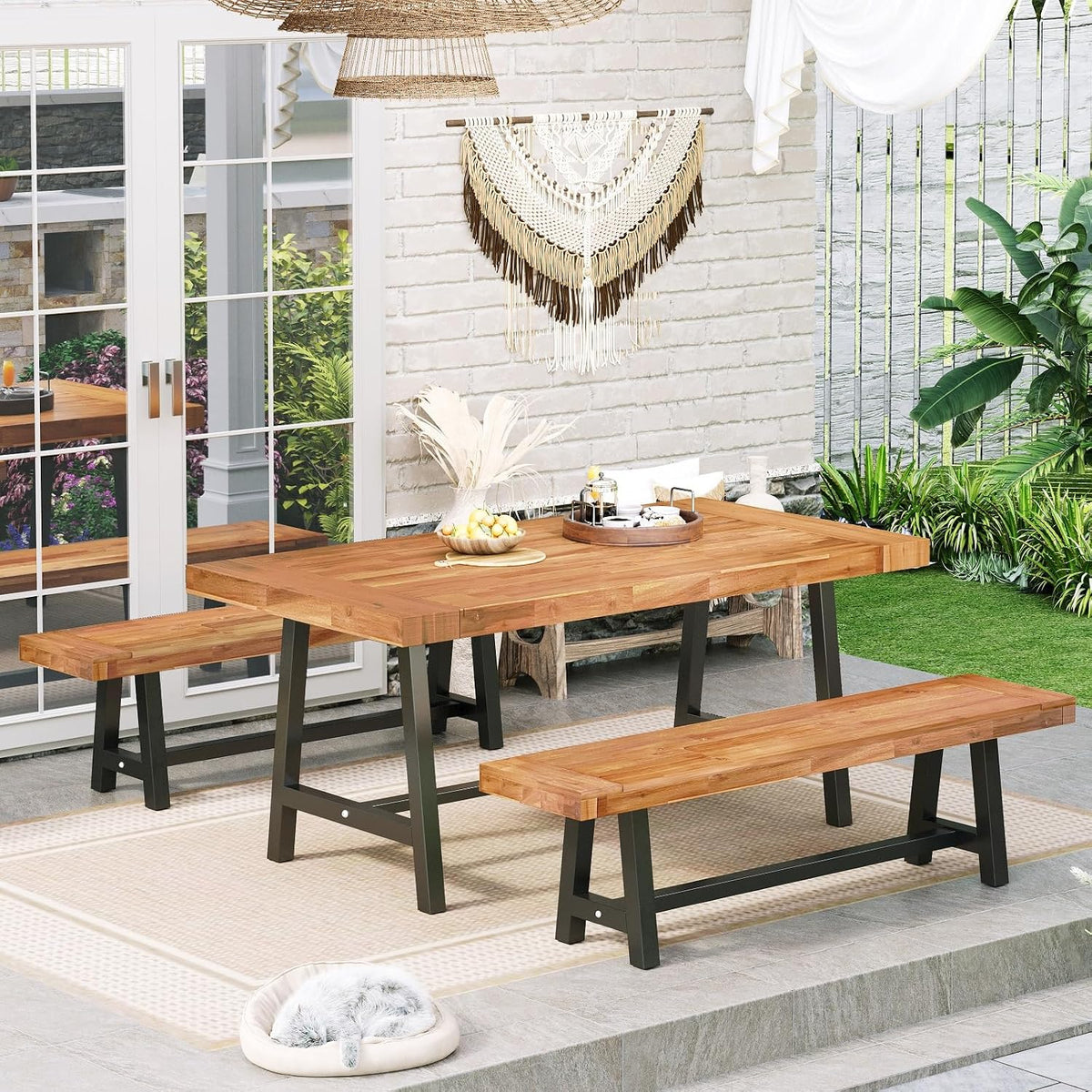 Sophia & William 63" Outdoor Wood Bench Weatherproof, Teak Finish, 1 Pack
