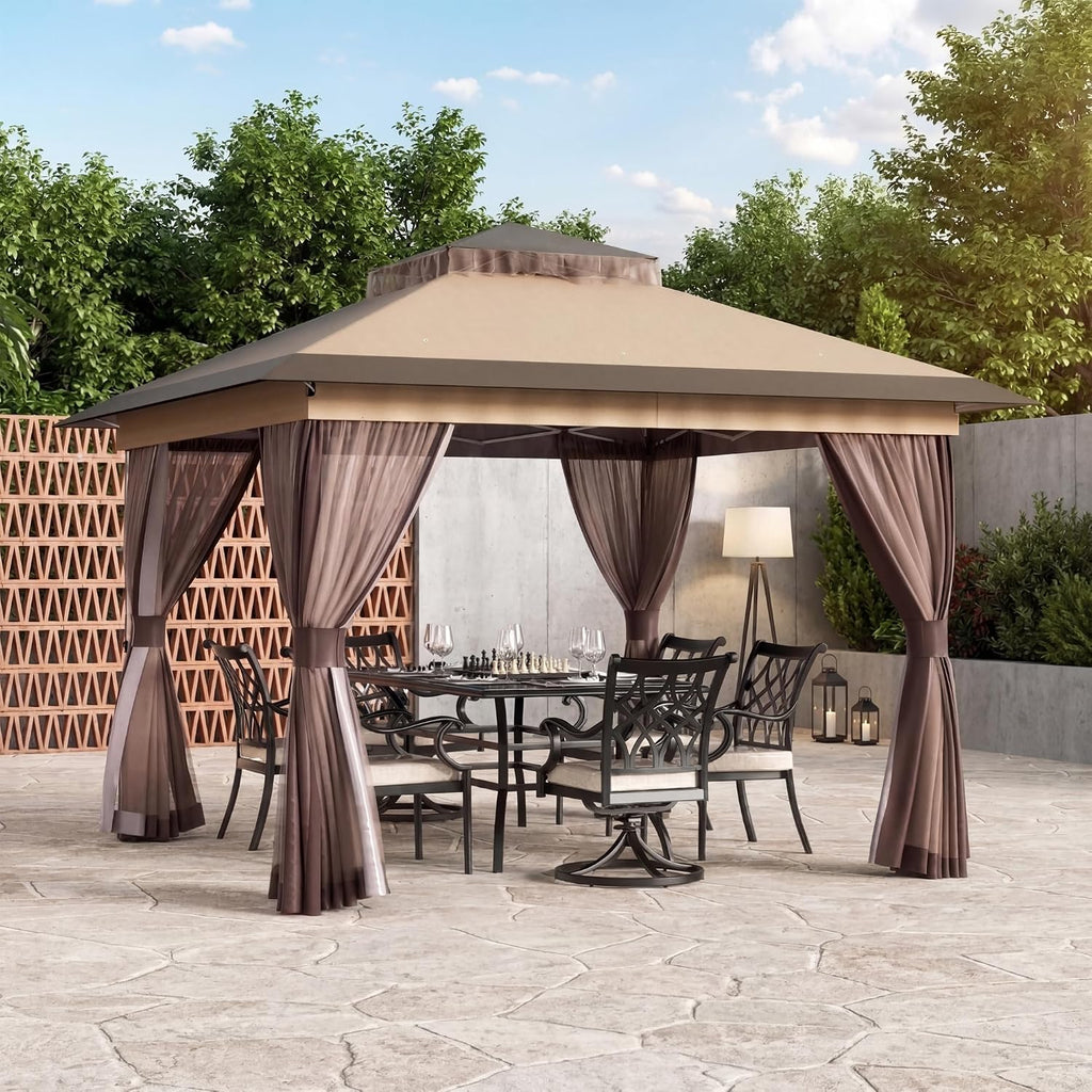 Covered Outdoor Pop Up Gazebo 11'x11' Canopy Tent, Outdoor Gazebo with Double Ventilated Roof, Waterproof UV Protection Pop Up Canopy with Mosquito Netting, Portable Party Tent with Backpack