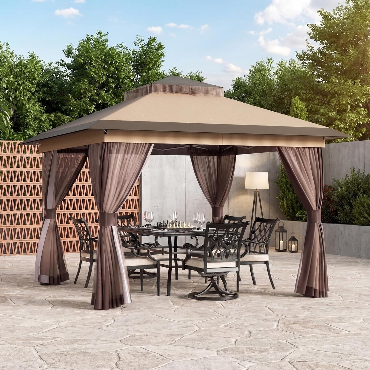 Covered Outdoor Pop Up Gazebo 11'x11' Canopy Tent, Outdoor Gazebo with Double Ventilated Roof, Waterproof UV Protection Pop Up Canopy with Mosquito Netting, Portable Party Tent with Backpack