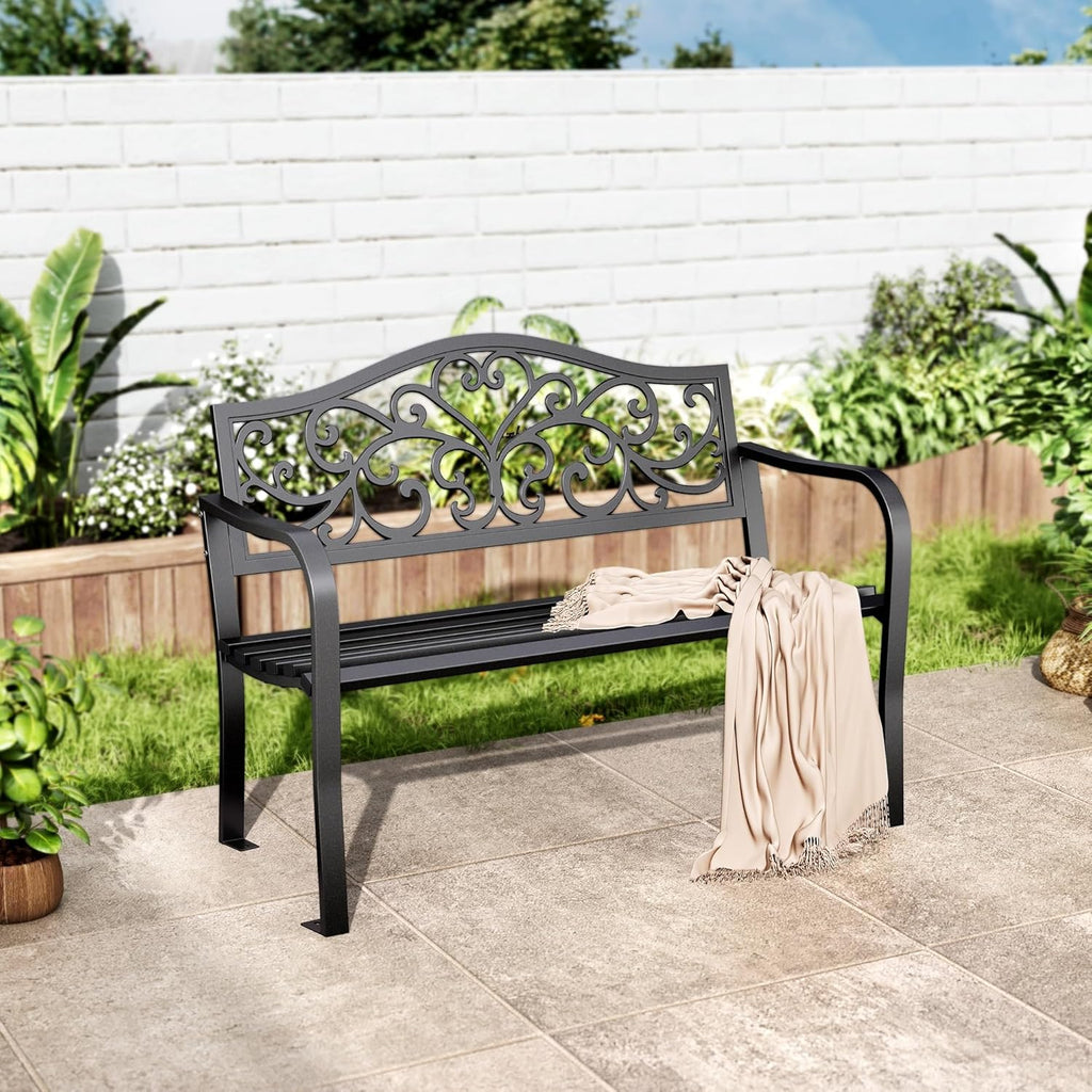 MFSTUDIO 43.7 Inches Cast Iron Outdoor Garden Bench, Floral Backrest, Black
