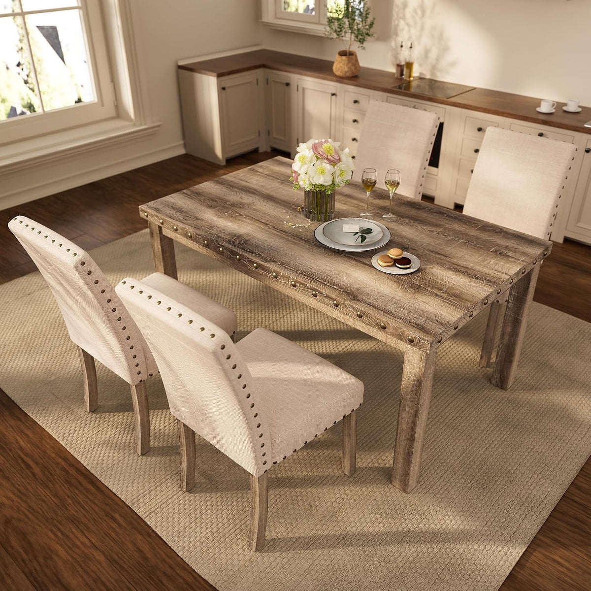 Modern Fort 5-Piece Farmhouse Dining Table Set for 4, 60" Rectangular Wood Dining Table with 4 Upholstered Chairs, Nailhead Trim, Kitchen Table with Chairs Set for Dining Room & Breakfast Nook