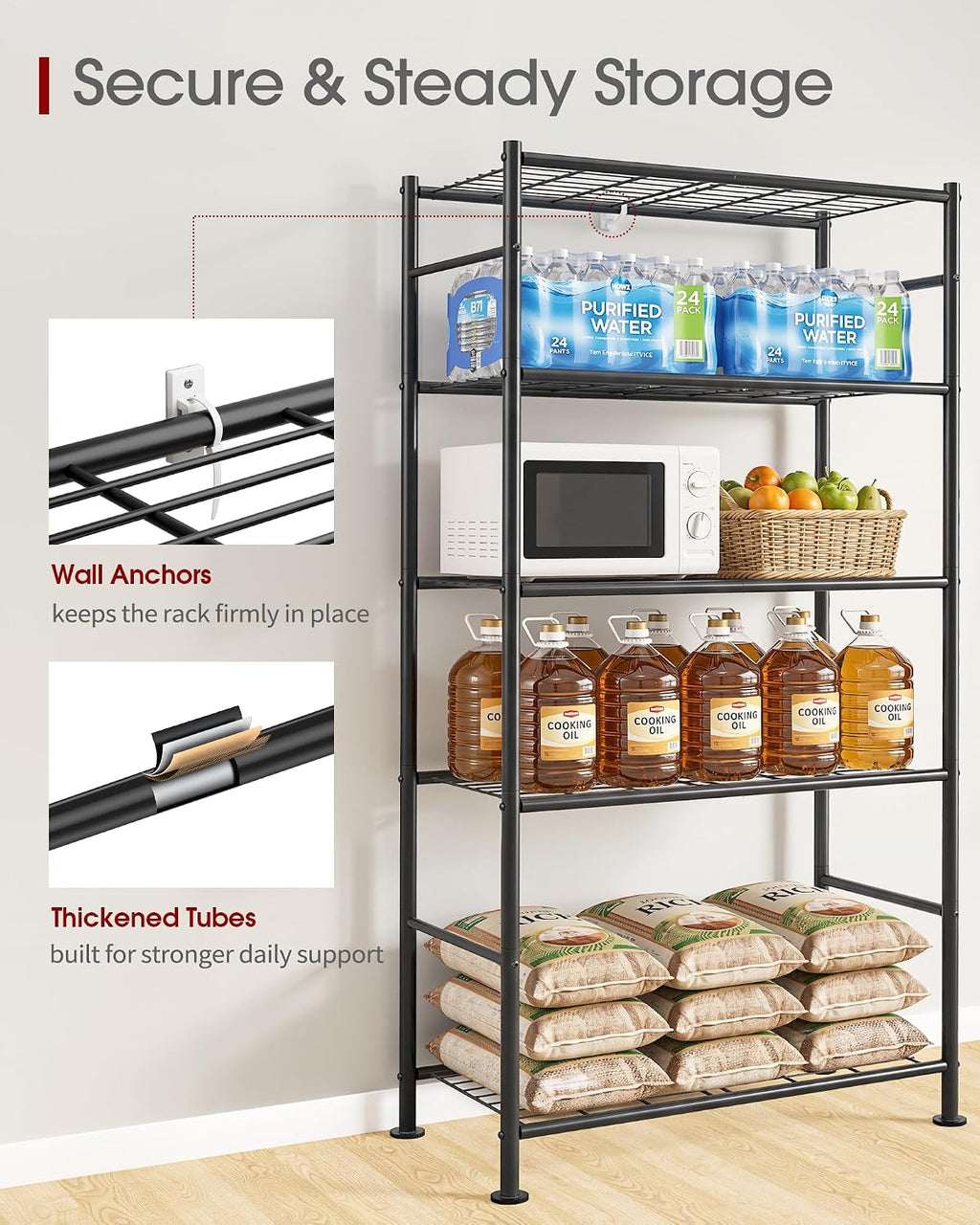 Sakugi 5-Tier Storage Shelves 33.1" x12.6" x73.5" Black with Wheels