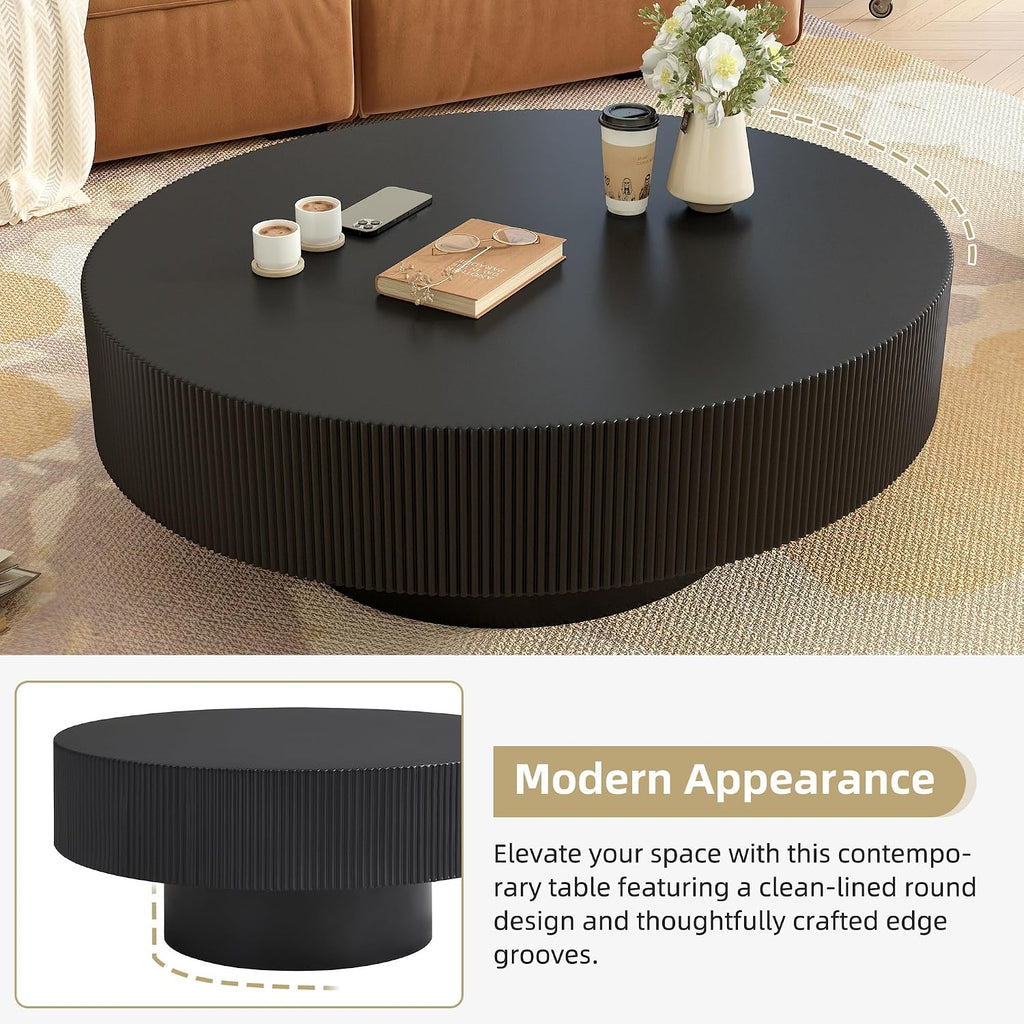 LUMISOL Modern Fluted Coffee Table with 6.8" Thick Tabletop, Black