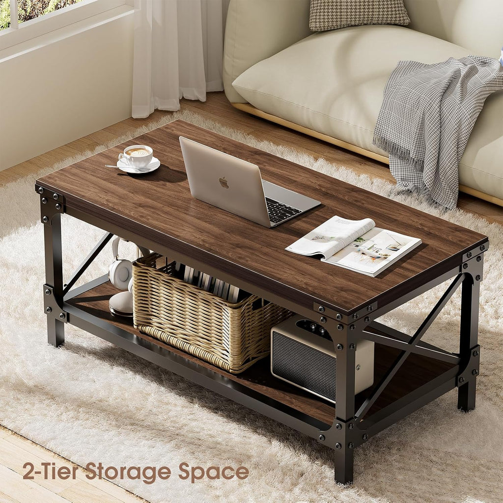 Rectangle Coffee Tables for Living Room, Wood Rectangular Coffee Table, 2 Tier Dark Brown Modern Center Table with Thickened Tabletop and Metal Frame, 40 inch Long (Walnut)