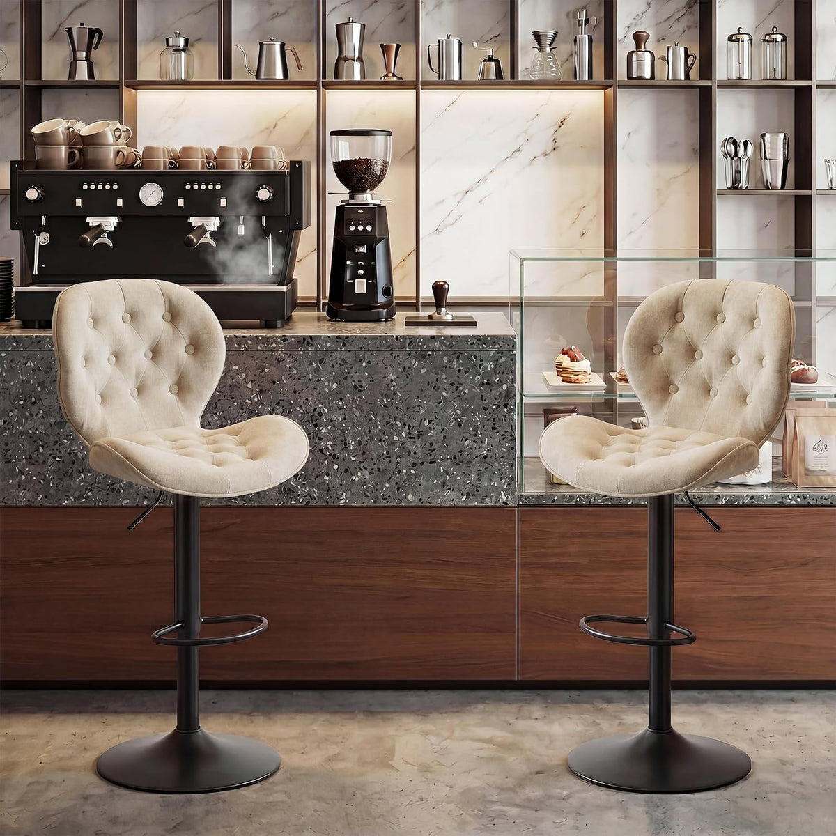 GRUSIGN Bar Stools Set of 2, Modern Swivel Adjustable Bar Chairs, Chenille Fabric Upholstered Counter Height Bar Stools with Backrest, Comfort Barstools for Kitchen Island, Home Bar, Khaki