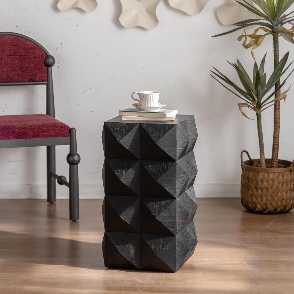23.62"" Modern Boho end table side table, wooden three-dimensional relief coffee table for apartment bedrooms and offices Black