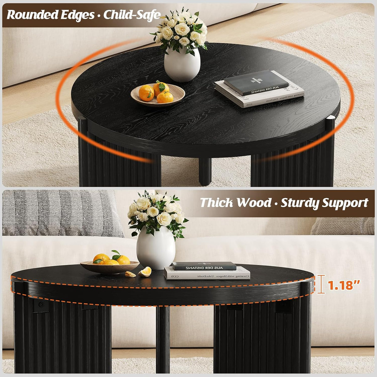Luoxiao Round Coffee Table, 27.5" Fluted Coffee Tables for Living Room
