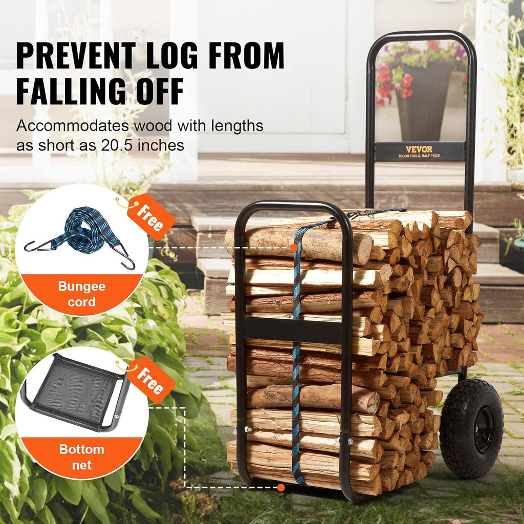 VEVOR Log Cart 250 lbs Load Capacity, Outdoor and Indoor Wood Rack Storage Mover with Pneumatic Rubber Wheels, Heavy Duty Steel Dolly Hauler, Firewood Carrier for Fireplace, Fire Pit, Black