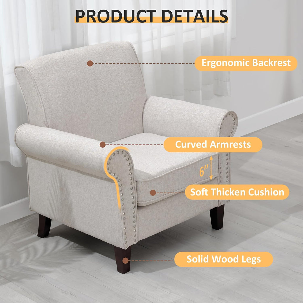 PrimeZone Comfy Accent Chairs Set of 2, Mid-Century Modern Arm Chair, Beige