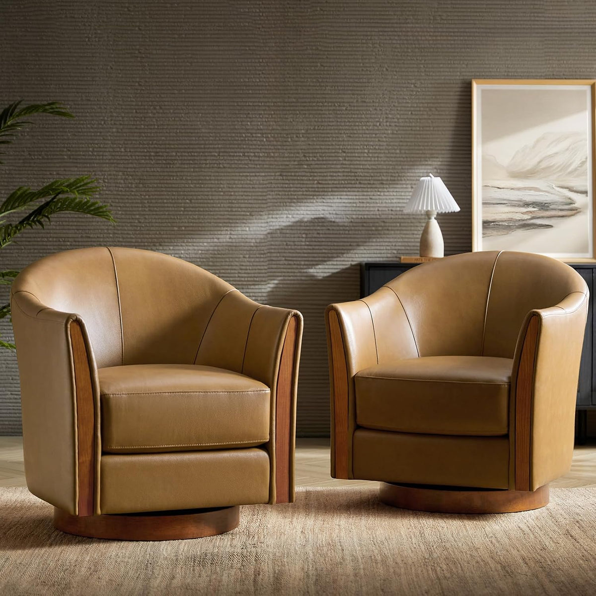 HULALA HOME Leather Swivel Accent Chairs with Wood Base Set of 2, Camel