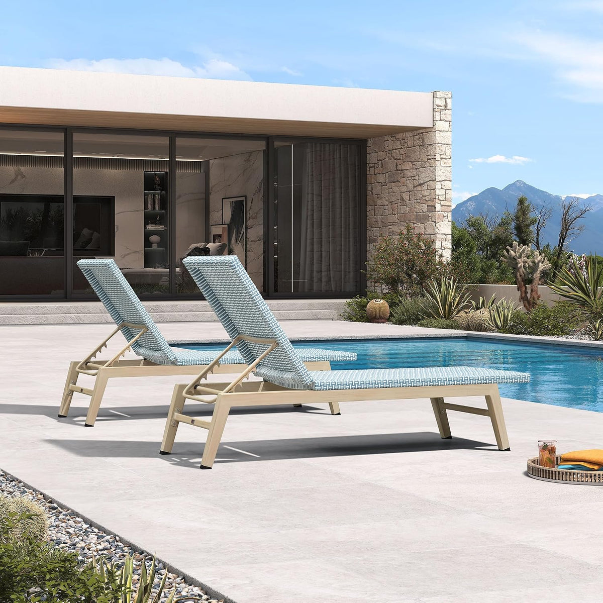 PURPLE LEAF Oversize Chaise Lounge Champagne Frame Set of 2, Pale Blue