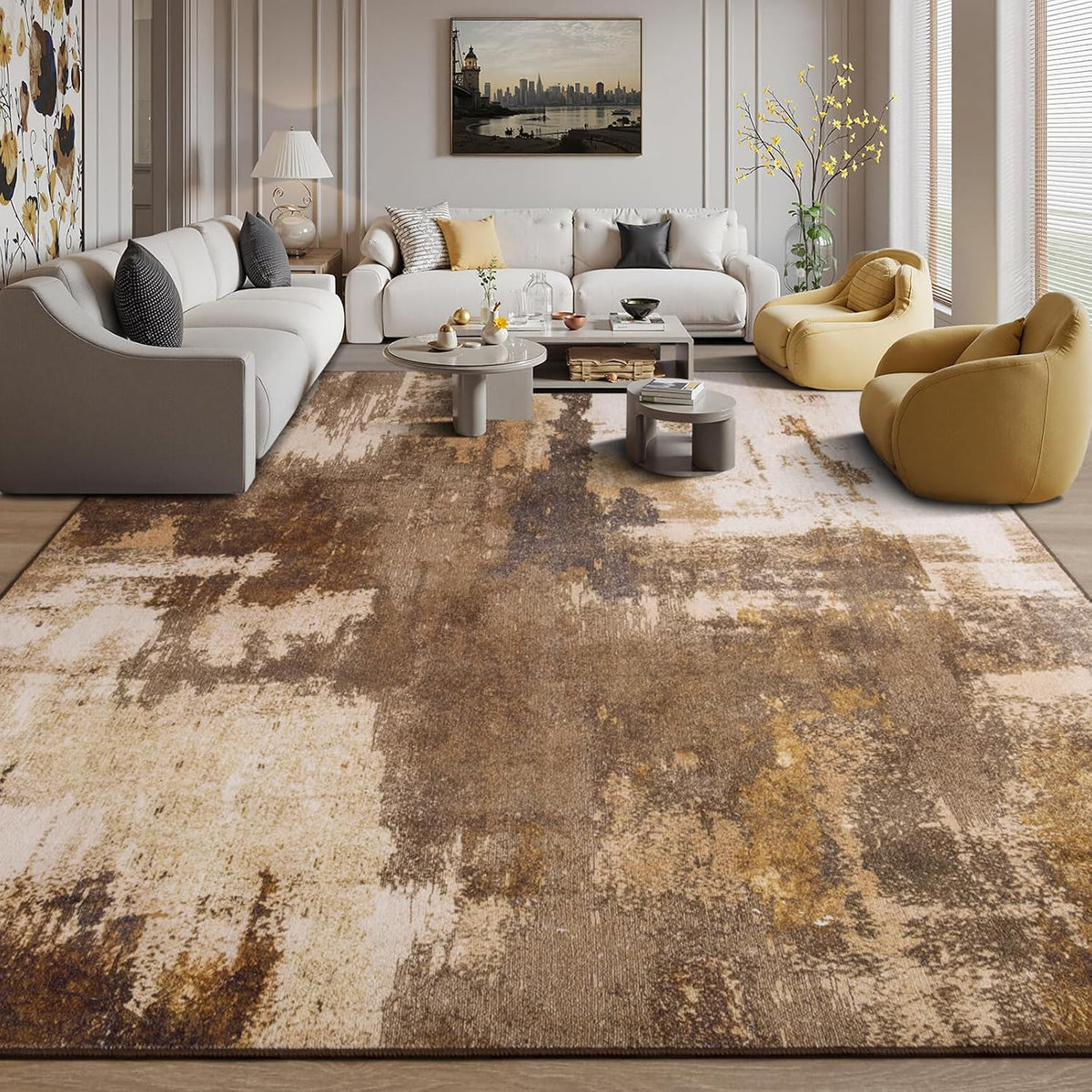 Kelarea Washable Area Rug 9x12, Non-Slip Low Pile Abstract Brown