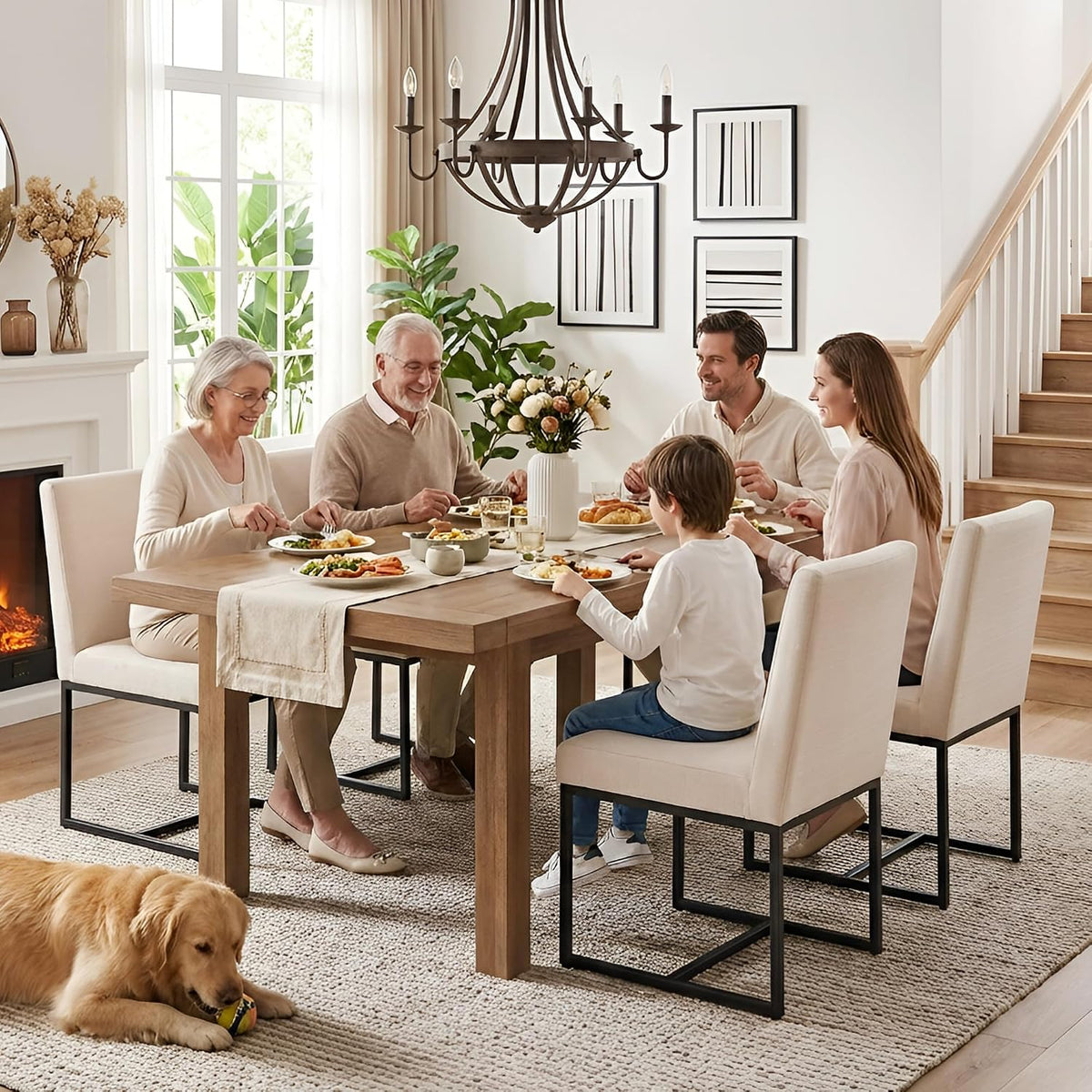 Shunzhi Upholstered Modern Dining Chairs Set of 6 Linen Mid Century Dining Room Chairs Armless Side Chair Comfy Kitchen Chairs with Black Metal Base for Living Room/Kitchen,Cream,6PCS