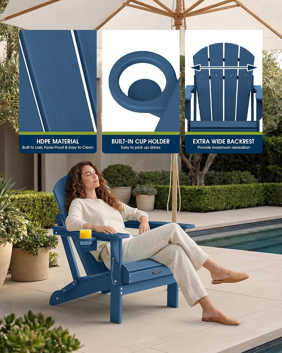 MUCHENGHY Folding Adirondack Chairs Set 4, HDPE for Fire Pit, Navy Blue (Set of 4)