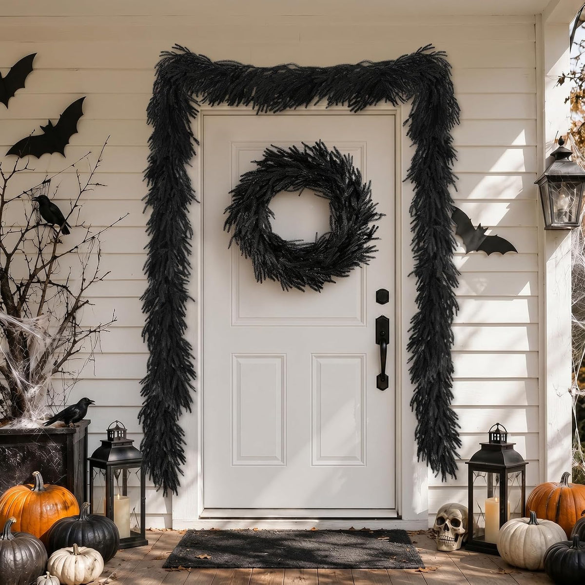 N&T NIETING 9FT Black Garland Artificial Norfolk Pine Garland Real Touch Halloween Garlands Faux Garland for Table Mantle Holiday Fireplace Indoor Outdoor Christmas Gothic Stairs Decorations