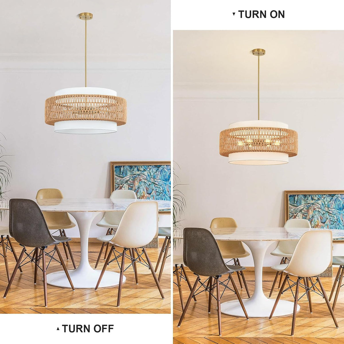 6-Light Rattan Chandelier for Dining Room, 25.6" Boho Pendant Hanging Light
