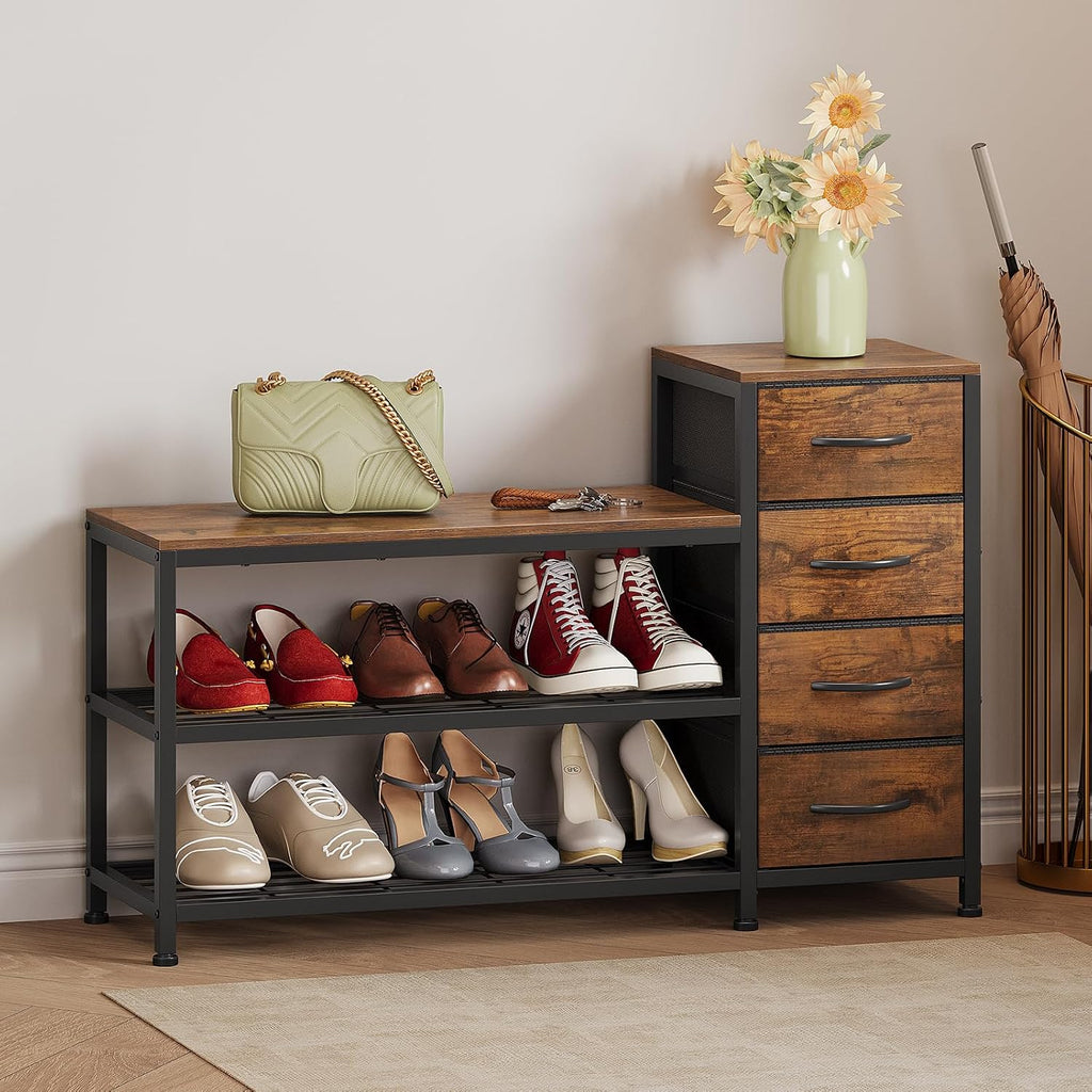 EXOTICA Industrial Shoe Storage Bench with 4 Drawers & Seat, Rustic Brown
