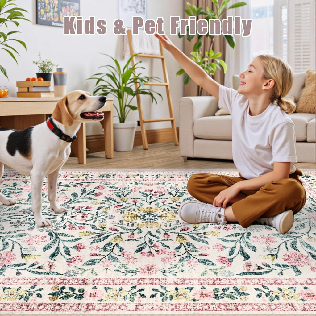 PLHXFR 8x10 Area Rug Living Room: Floral Washable Boho Carpet Pink Green