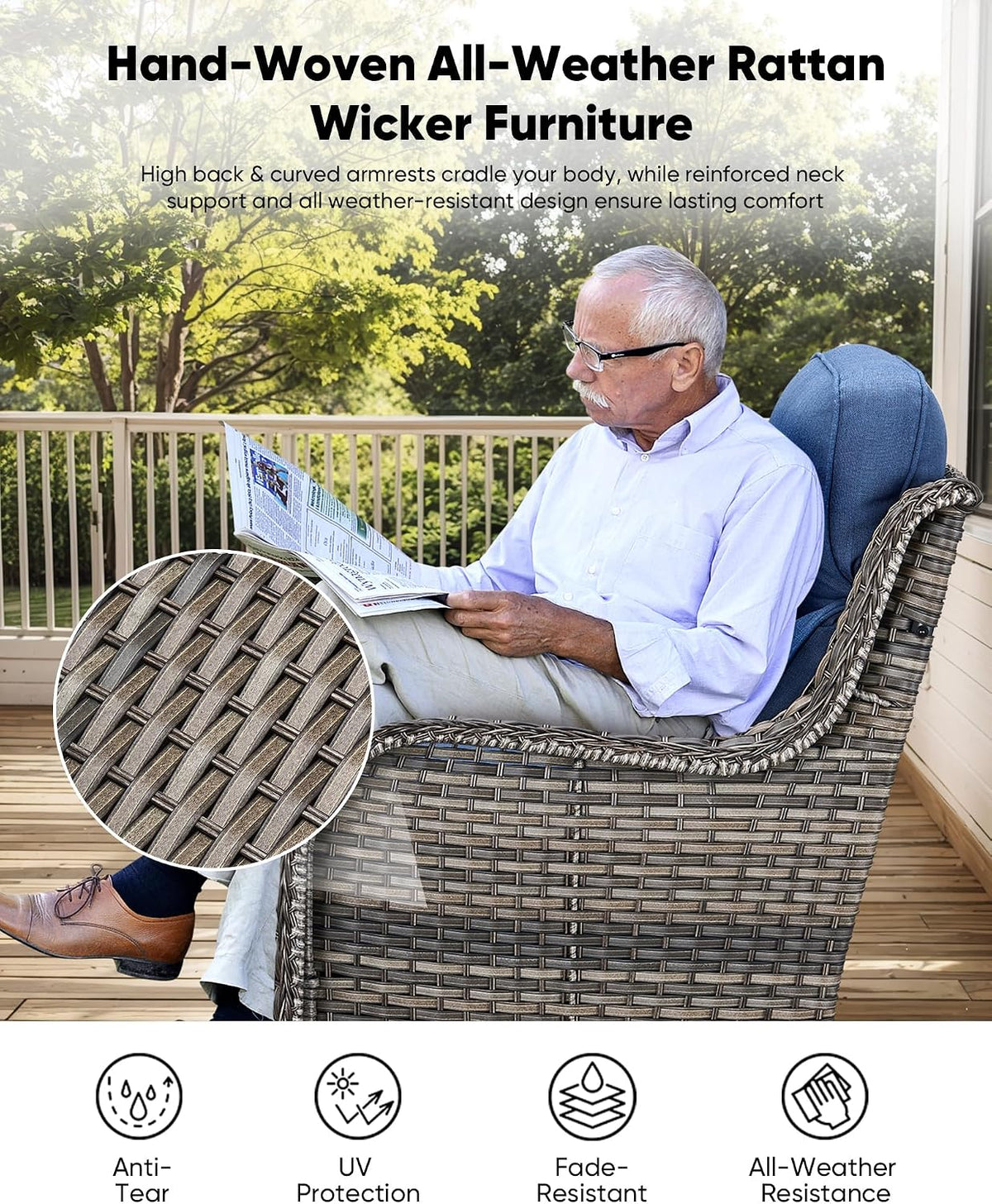 HUMMUH 3 Piece Wicker Swivel Rockers & Side Table, Grey/Blue