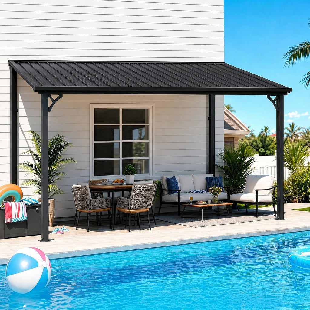 12x10 FT Lean to Gazebo, Sloping Galvanized Steel Roof Hardtop Gazebo, Outdoor Pergola Canopy with Heavy Duty Aluminum Frame for Patio, Backyard, Deck, Pool