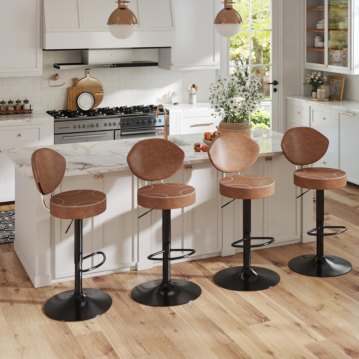 Swivel Bar Stools Set 1, Adjustable Height Suede-Like Leather Brown