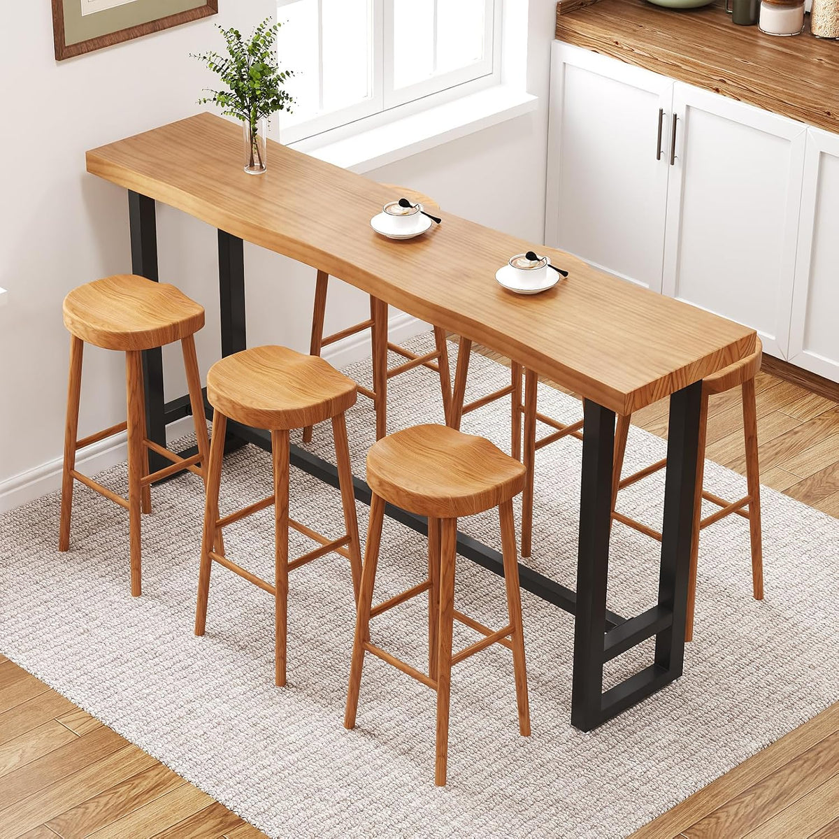 47in Solid Wood Live Edge Bar Table - Bar Height Pub Table with Built-in Footrest, Solid Wood Top & Sturdy Metal Legs for Kitchen, Dining & Bistro Spaces