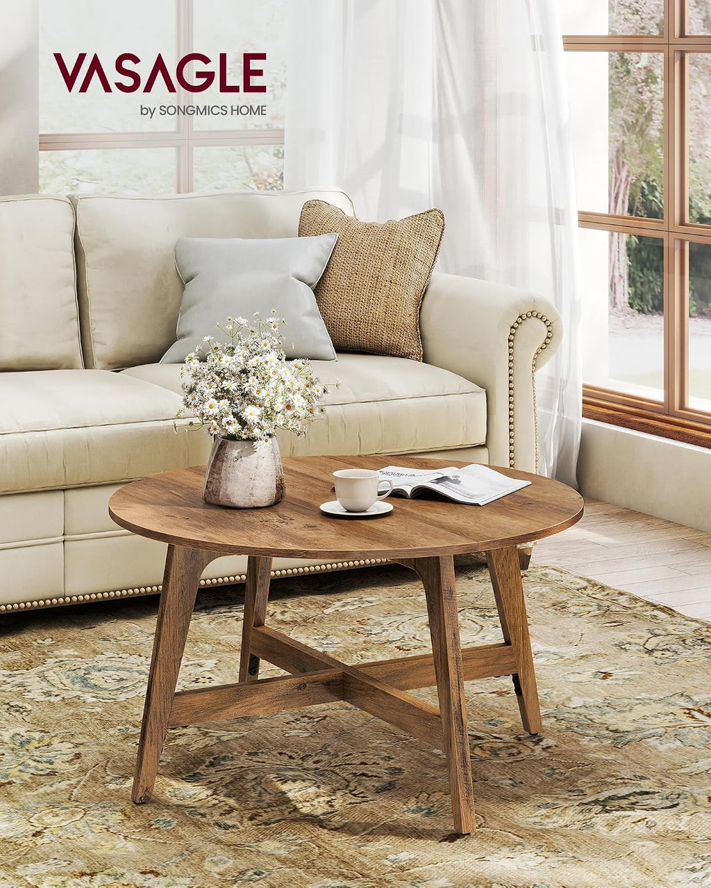 VASAGLE Round Coffee Table, 31.5-Inch Center Table, Tapered Legs