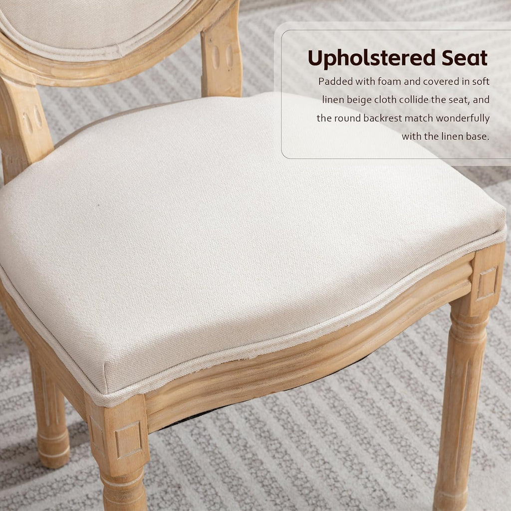 French Country Dining Chairs, Beige Linen, Set of 4