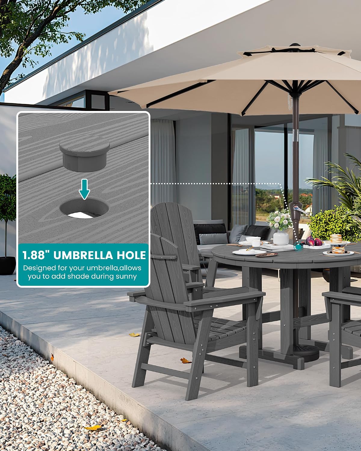 SERWALL 5-Piece Patio Dining Set, 45" Table & 4 Adirondack Chairs, Grey