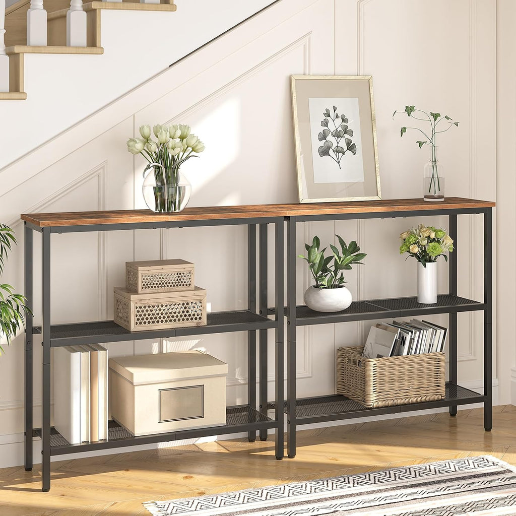 HOOBRO 29.5" Narrow Console Table, 3-Tier Entryway Table, Thin Sofa Table with Shelves, Side Table, Display Table, for Hallway, Entrance, Living Room, Bedroom, Rustic Brown and Black BF73XG01