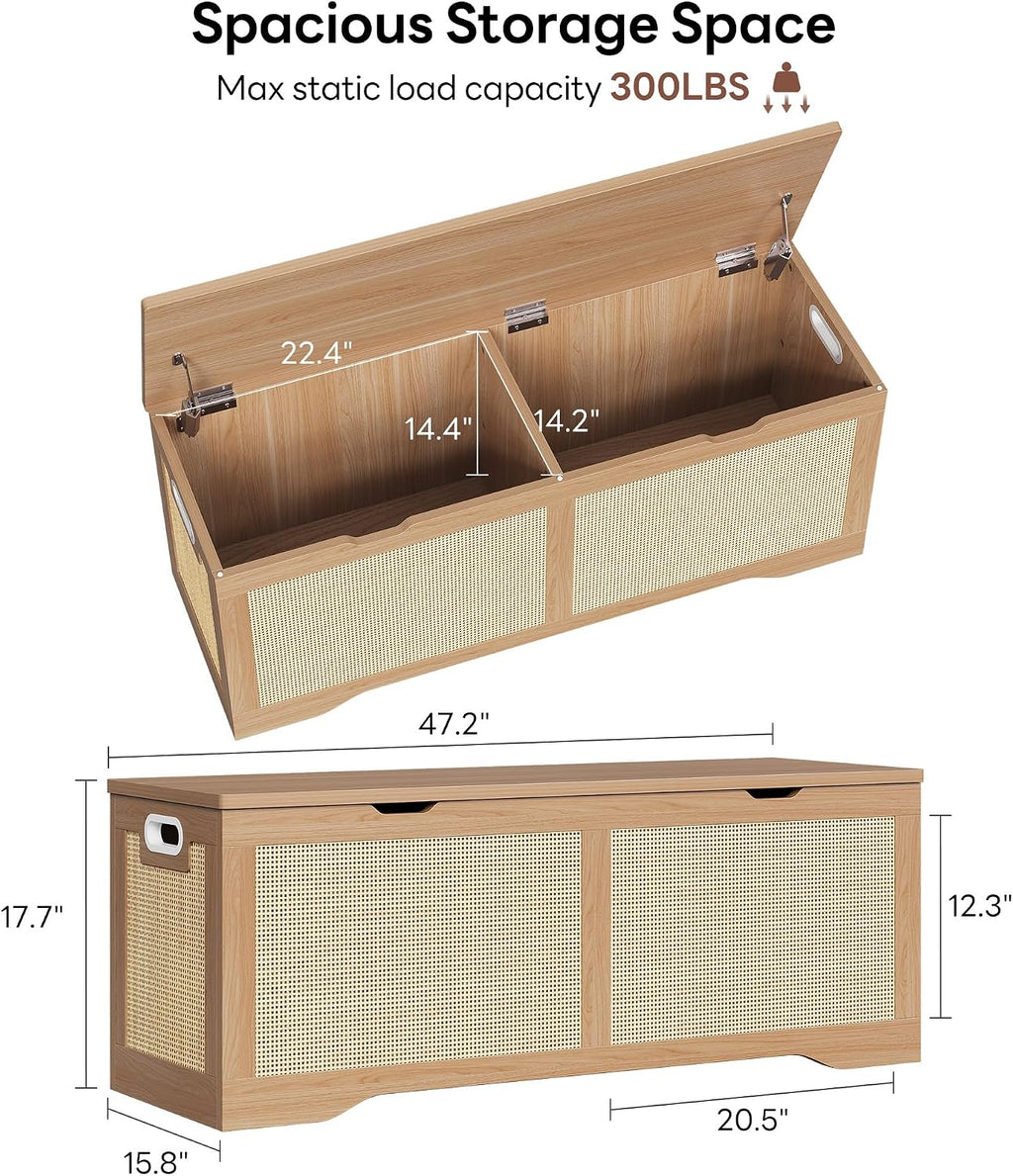 LIKIMIO 47.2" Rattan Storage Ottoman Bench Chest, Rustic Wood