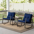 SUNCROWN 3 Piece Outdoor Rocking Bistro Set Brown Wicker Furniture Porch Chairs Conversation Sets with Glass Coffee Table, Dark Blue