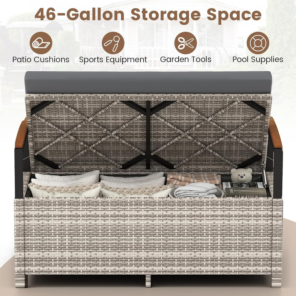 RELAX4LIFE Wicker Outdoor Storage Bench, Rattan Deck Box