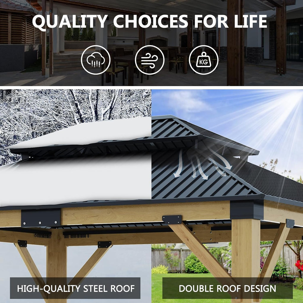 11x13FT Wood Gazebo, Outdoor Wooden Gazebo with Glavanized Steel Double Roof, Hardtop Gazebos for Garden, Patio, Deck, Backyard