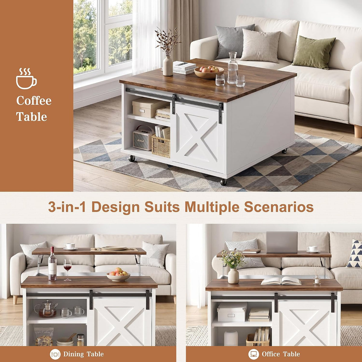Shintenchi 31.5" Lift Top Coffee Table with Wheels & Storage, Square Farmhouse Lift Tabletop Coffee Tables for Living Room with Large Hidden Storage Compartments & Adjustable Shelves, White
