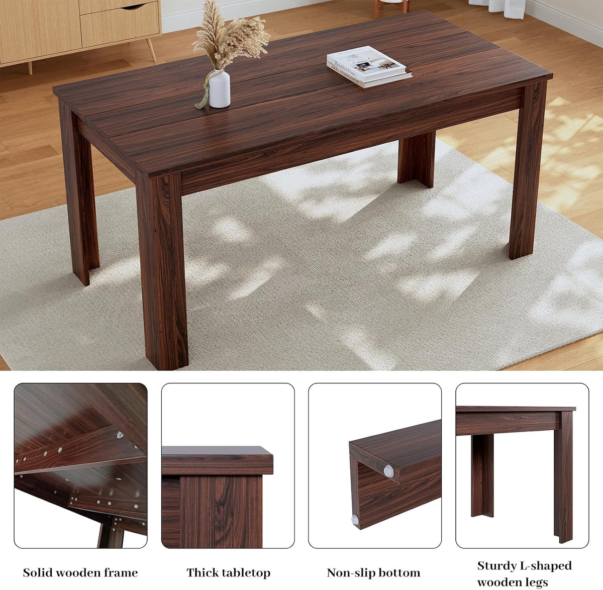 HIPIHOM 62.9" Wooden Dining Table, Modern Kitchen Table for 4-6 Person, Thickened MDF Dining Room Table for Dining Room, Kitchen, Living Room, Office