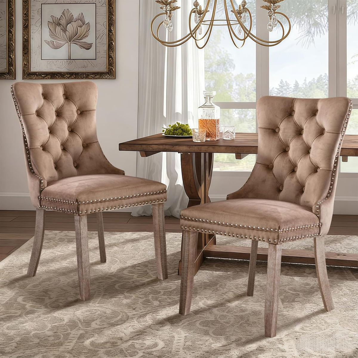 SoarFlash Velvet Dining Chairs Set of 2, Tall Back Side Chair, Modern Upholstered High-end Tufted Side Chair with Button Back Ring, Solid Wood Legs (Khaki)