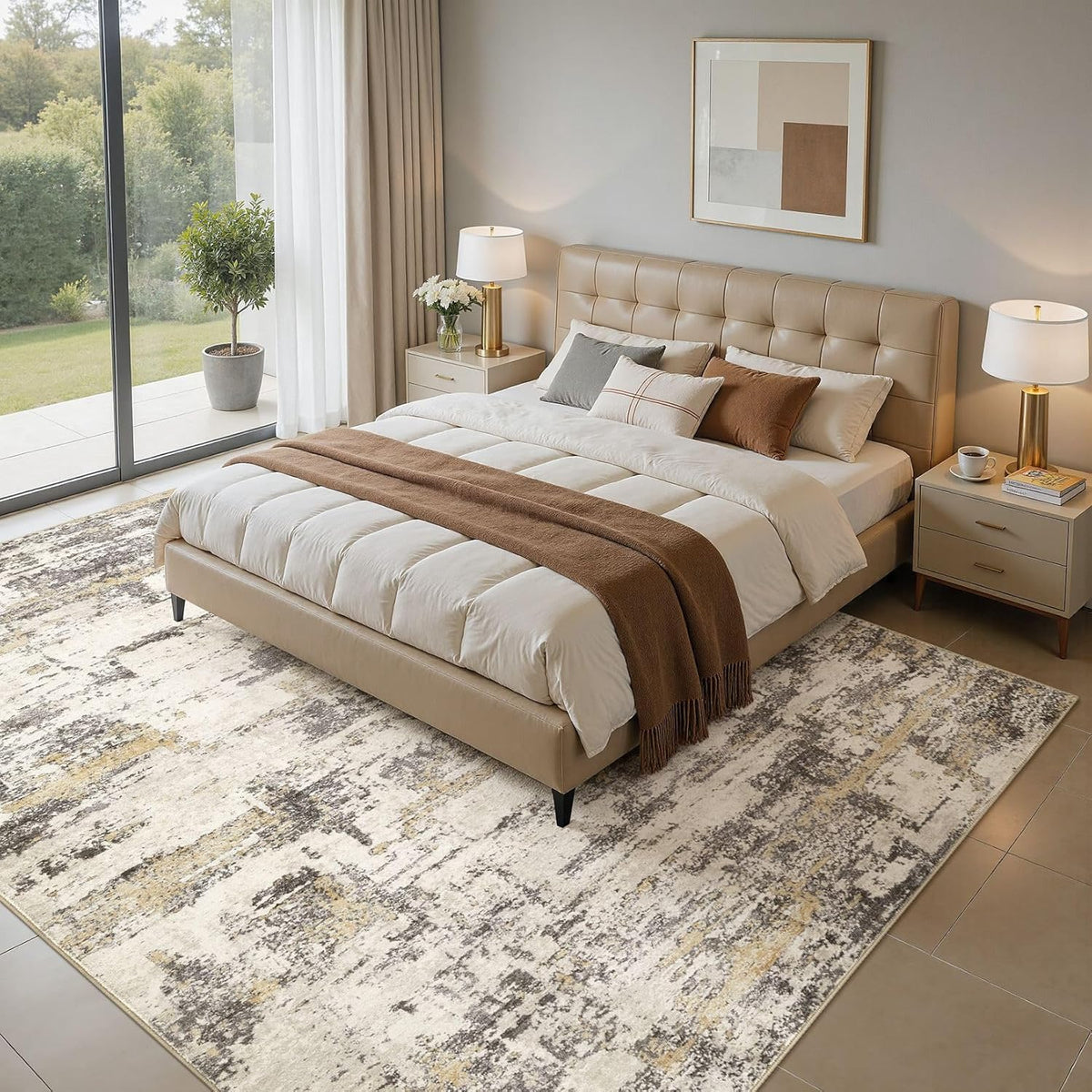 6x9 Area Rugs Abstract Washable Living Room Rug, Gold Brown
