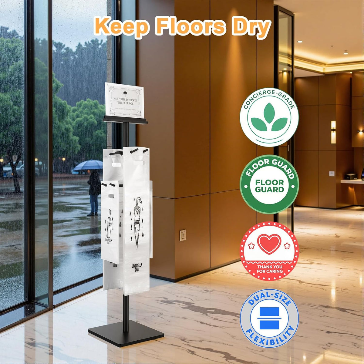 Wet Umbrella Stand with 400 Free Plastic Umbrella Bags disposable for Entry