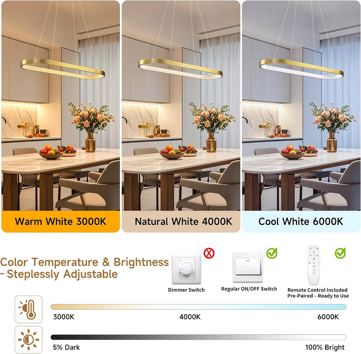 47" LED Gold Rectangle Chandeliers for Dining Room, Modern, Oval