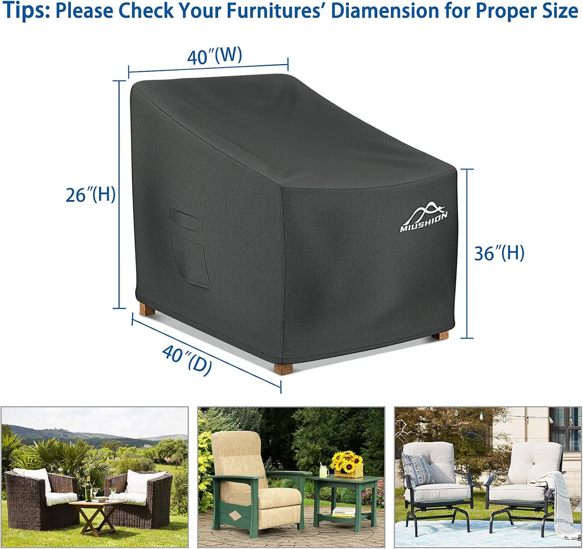 2 Pack Patio Chair Covers, 40" W x 40" D x 36" H Heavy Duty 600D Outdoor Deep Seat Lounge Club Chair Cover, Waterproof UV Resistant Outdoor Patio Chair Furniture Cover, Black