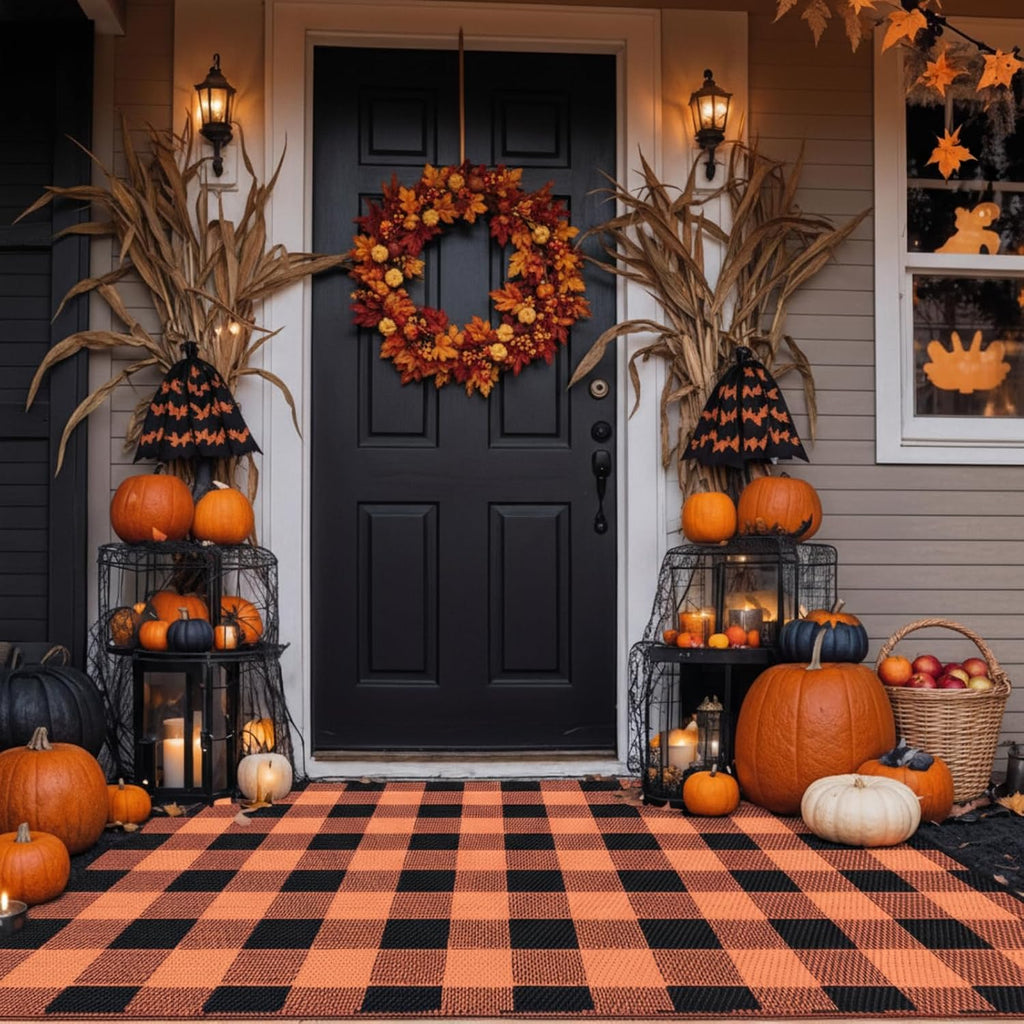 Tinideya 4' x 6' Fall Outdoor Rug, Plaid Buffalo, Orange and Black