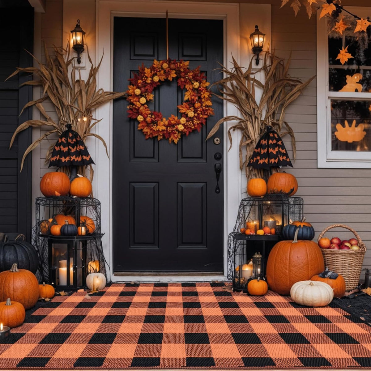 Tinideya 4' x 6' Fall Outdoor Rug, Plaid Buffalo, Orange and Black