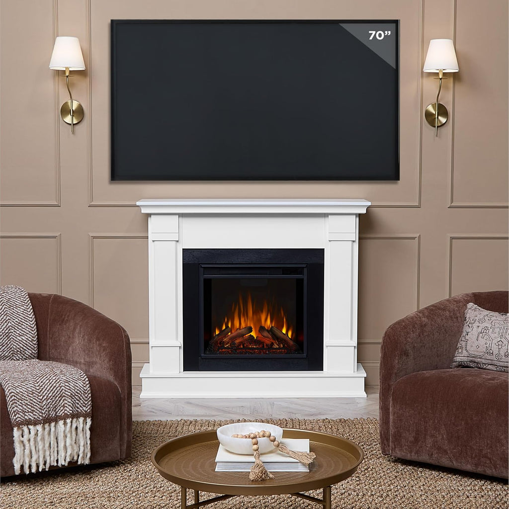 Real Flame Silverton 48” Electric Fireplace with Mantel for Living Room or Bedroom, Replaceable Fireplace Insert Heater, Realistic Log and Flame Effect, Remote Control, Timer, White