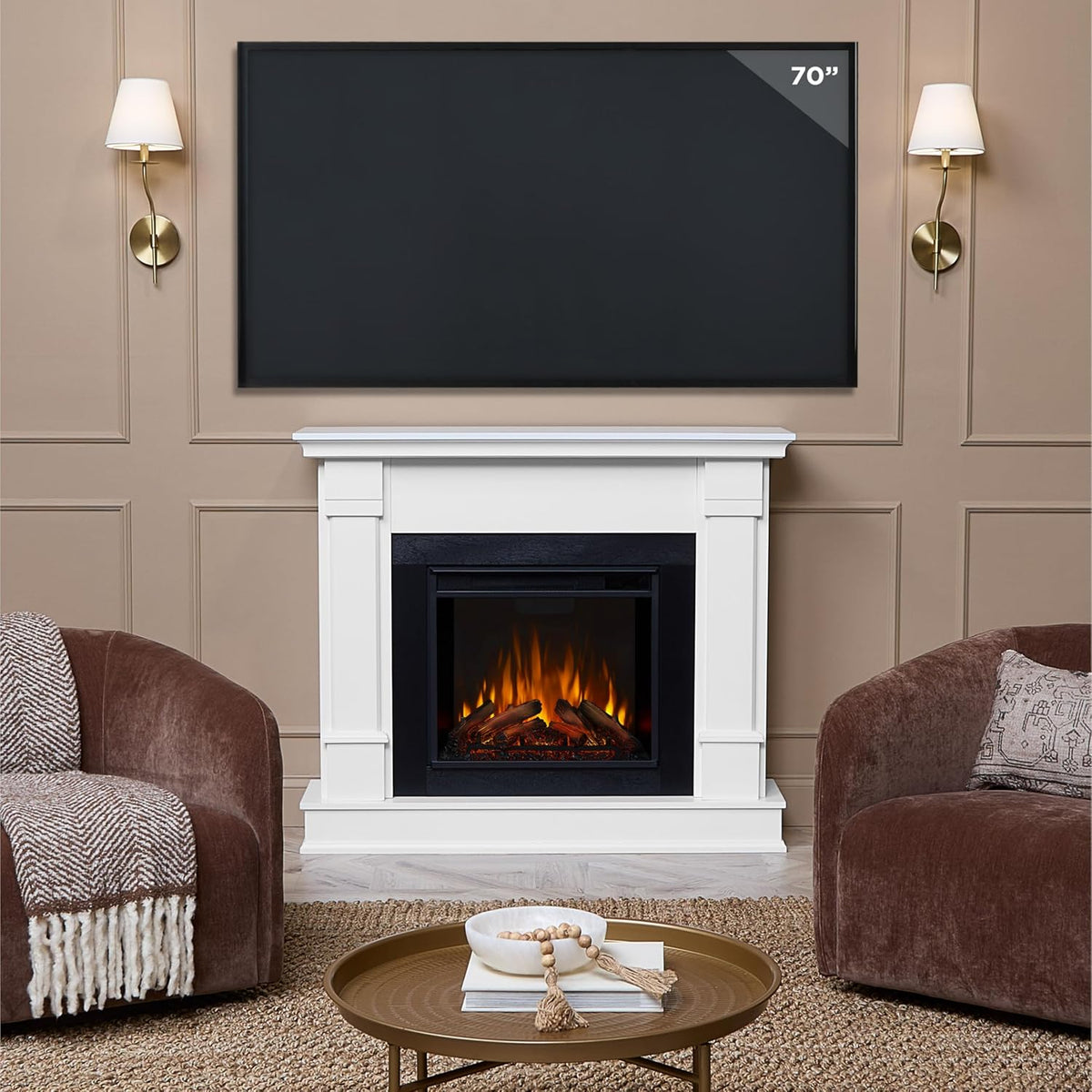 Real Flame Silverton 48” Electric Fireplace with Mantel for Living Room or Bedroom, Replaceable Fireplace Insert Heater, Realistic Log and Flame Effect, Remote Control, Timer, White