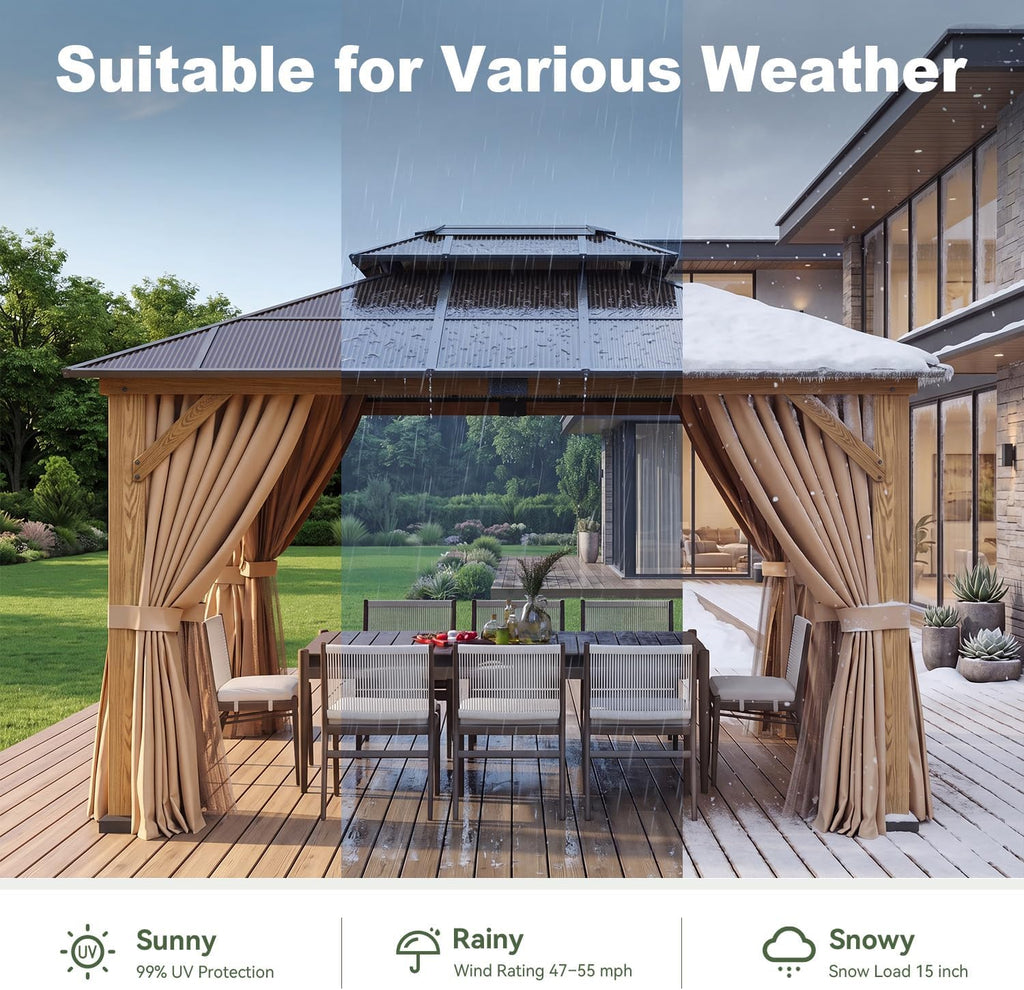 Aoxun 10' x 12' Wood Gazebo with Double Polycarbonate Roof, Natural