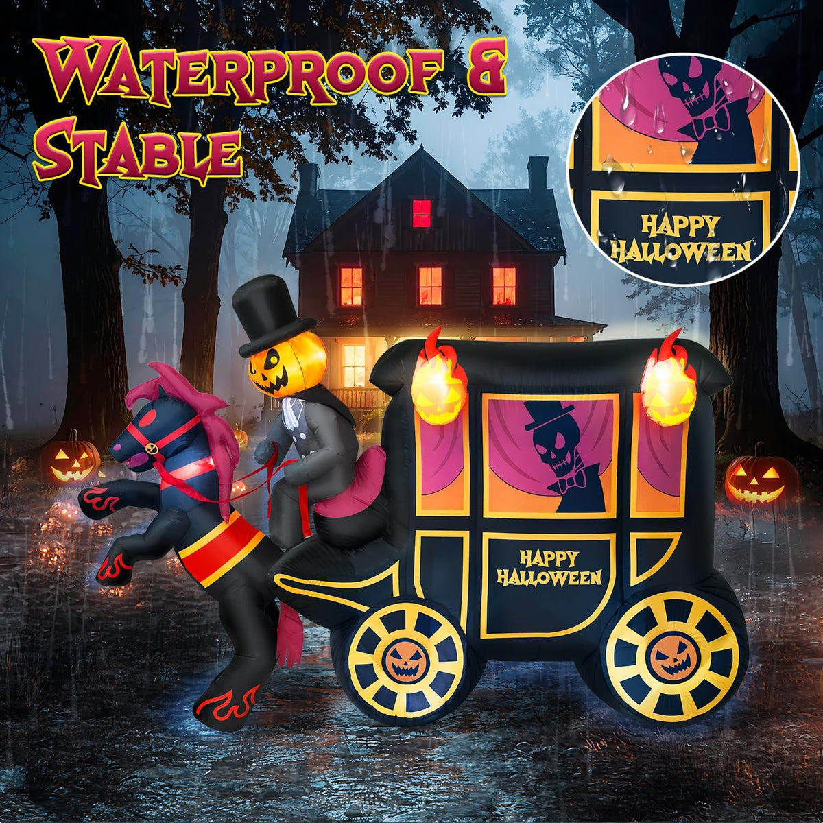 10FT Long Halloween Inflatables Built-in LED Light Pumpkin-Headed Horse Carriage, Giant Halloween Decorations Outdoor Blow Up Yard Decorations Spooky Ghost Carriage Halloween Blowups for Lawn Party