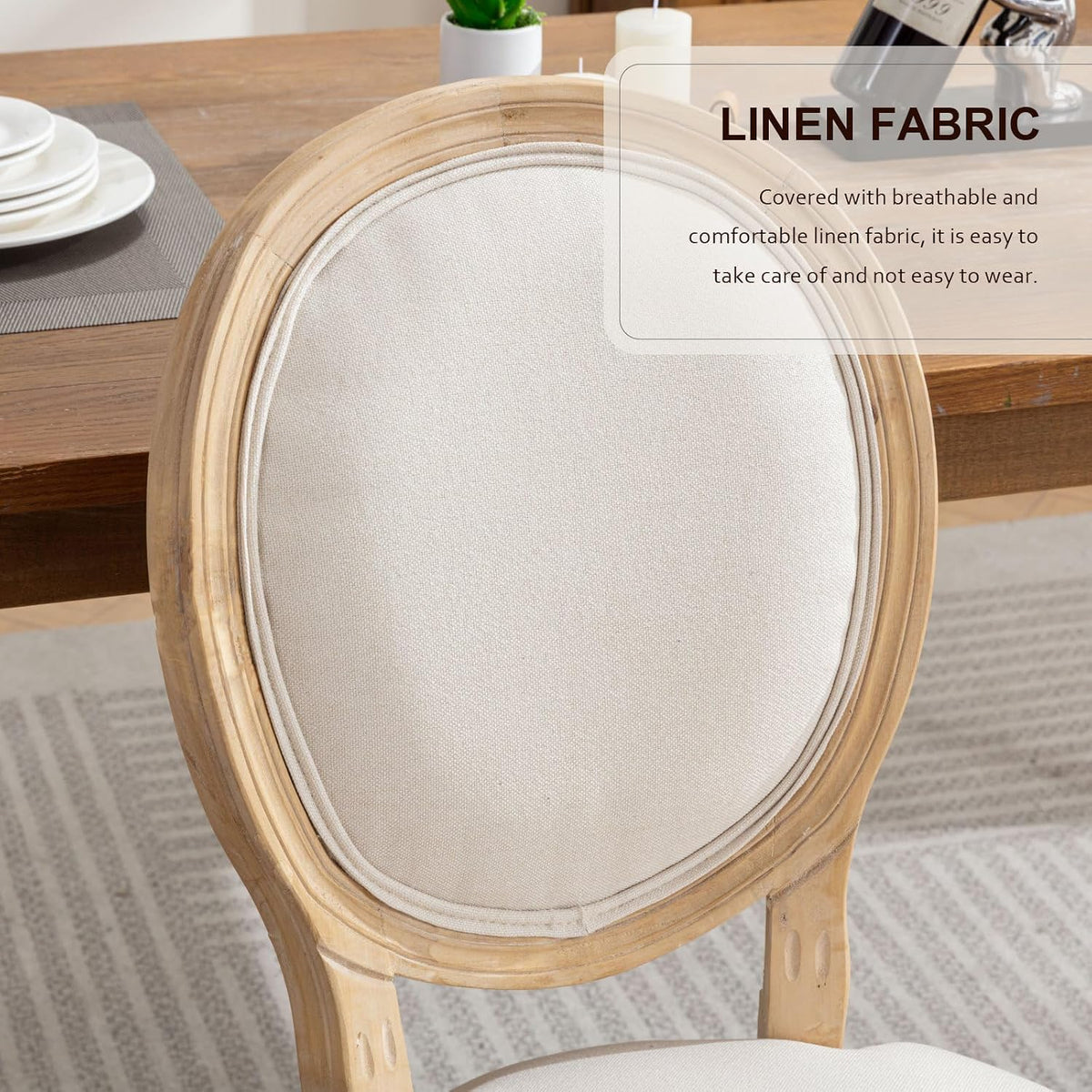 French Country Dining Chairs, Beige Linen, Set of 4