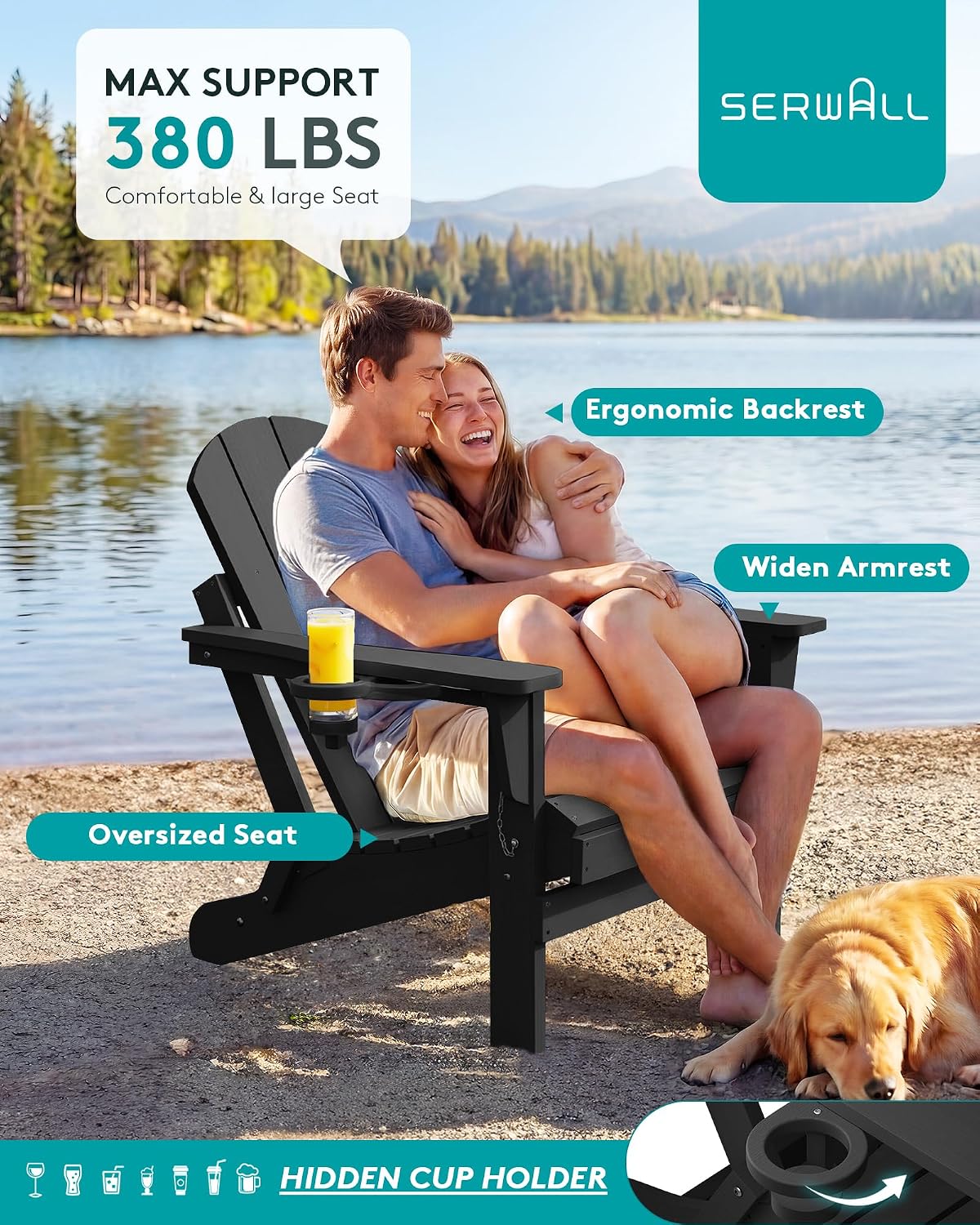 SERWALL Folding Adirondack Chair Set of 4, Fire Pit with Cup Holder -Black