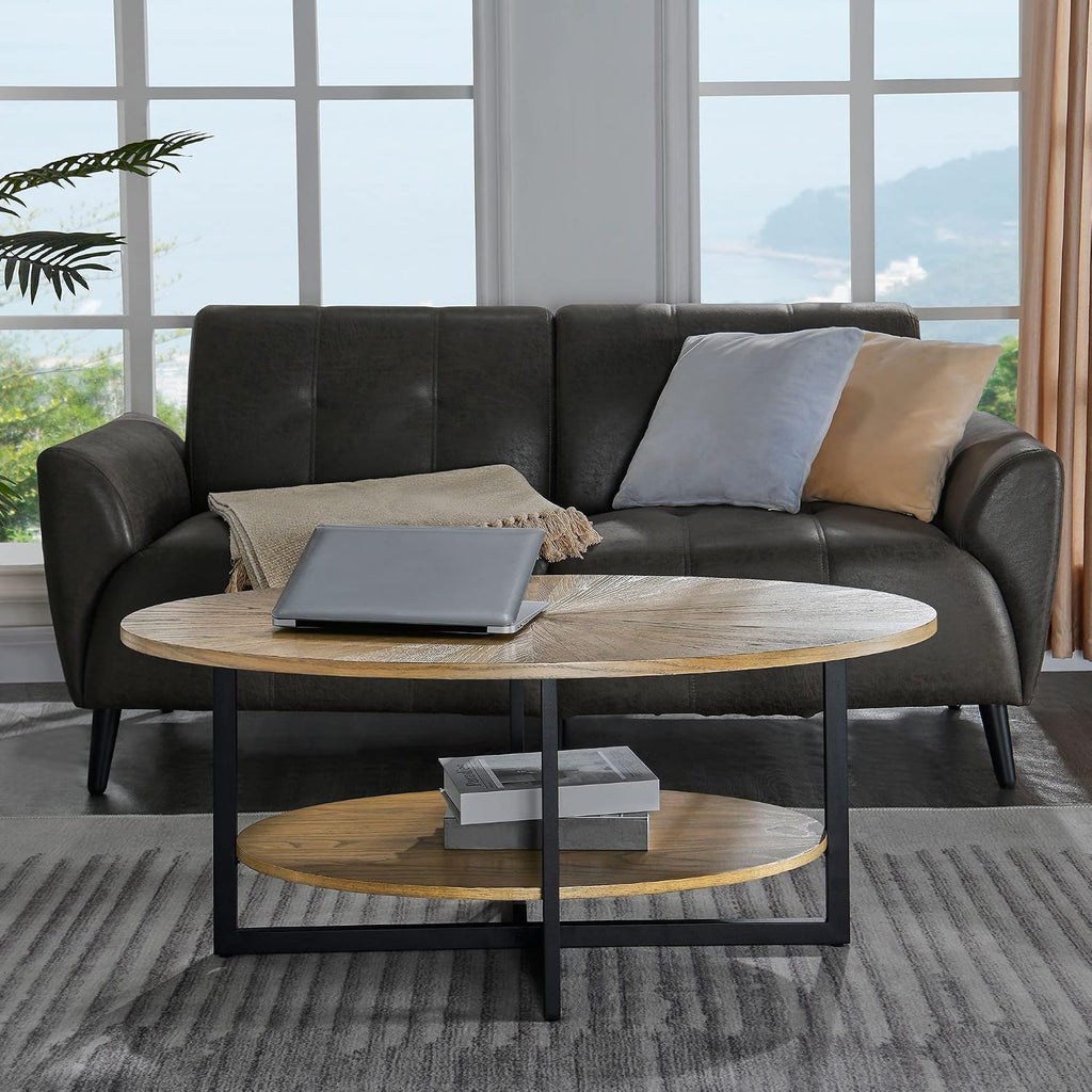 Wood Oval Coffee Table with Storage Shelf, 2-Tier, Rustic Nature